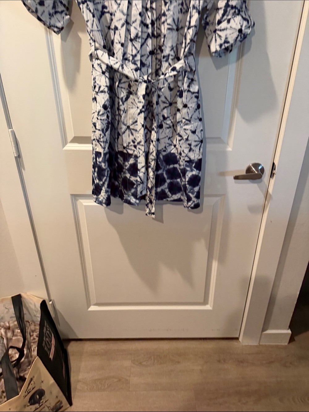 NWT Navy and White Tie-Dye Mini Dress with Waist Tie